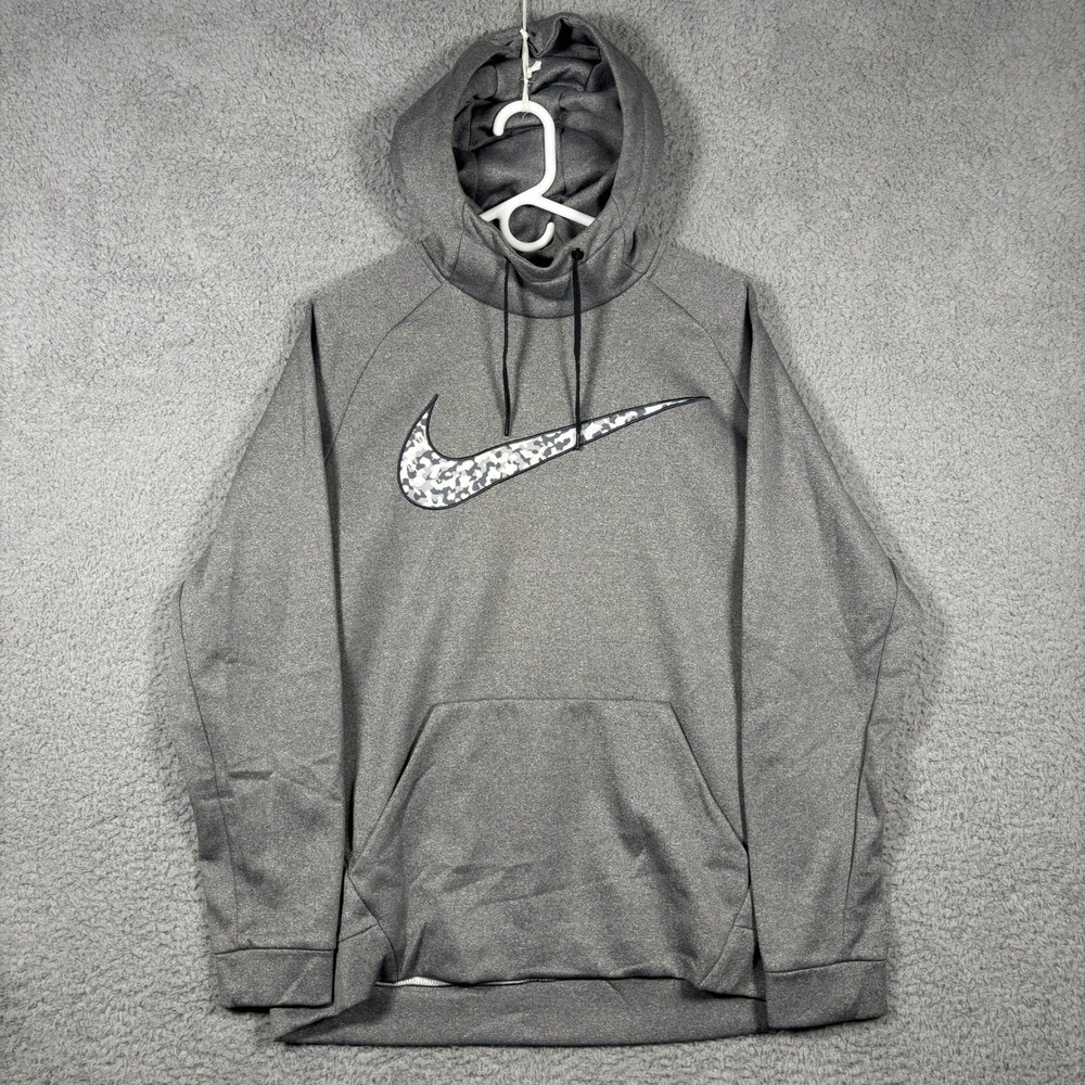 Nike Hoodie Mens L Gray Therma-FIT Camo Swoosh Pullover Athletic Raglan 1941